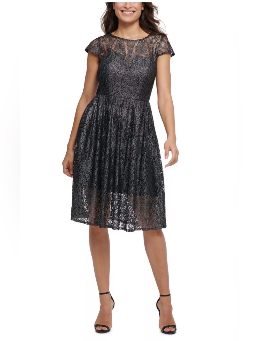 Kensie Black Lace Midi Dress with Sheer Yoke